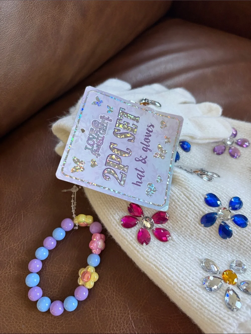 Love White Kids Hat & Gloves Set with Multicolor Gem Flowers